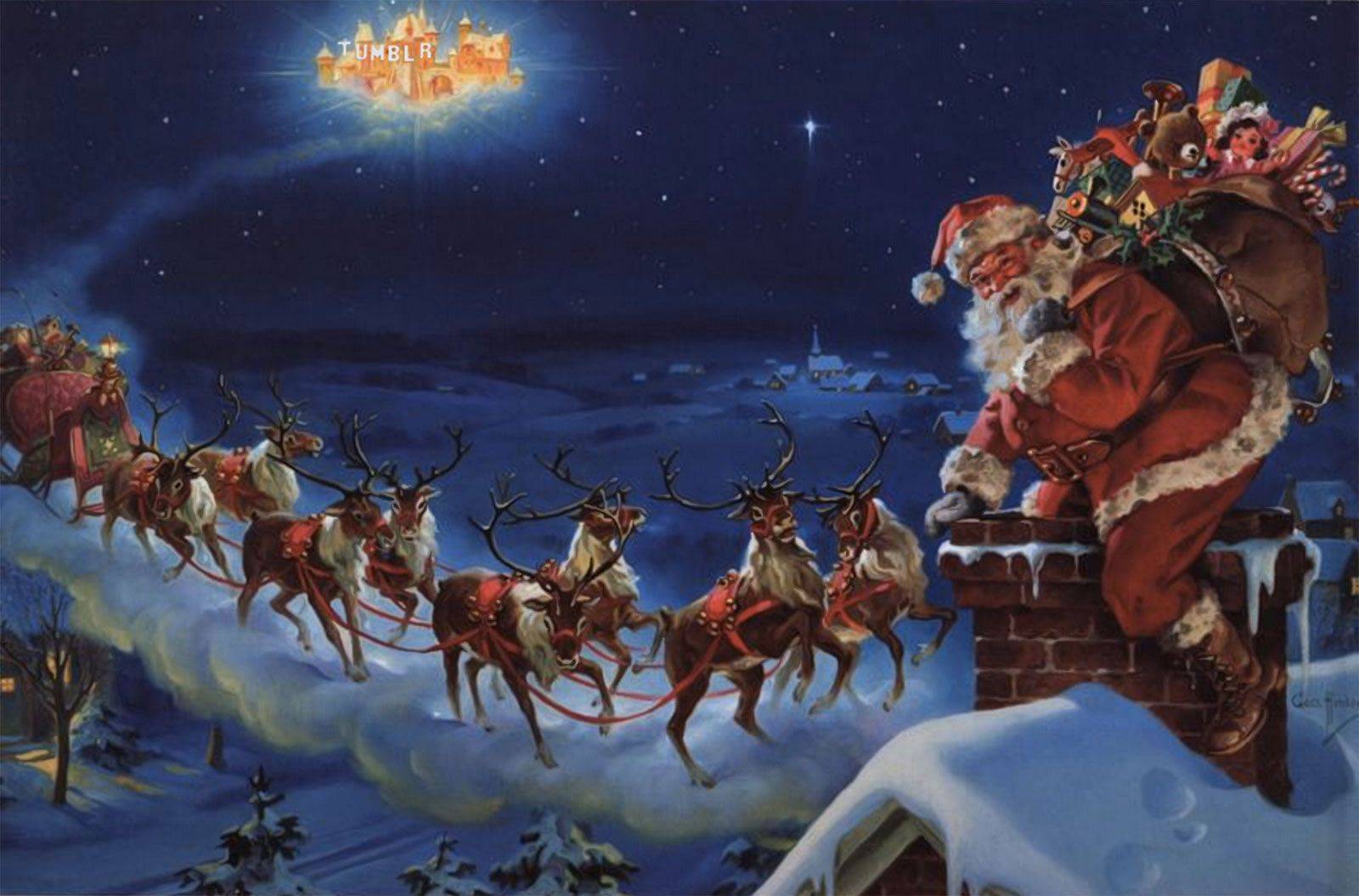 Санта клаус и олени на крыше!