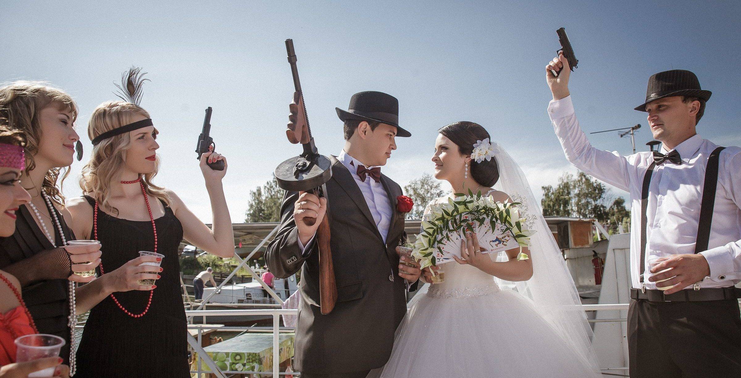 Свадьба в стиле гангстеров, мафии — декор, платье, аксессуары